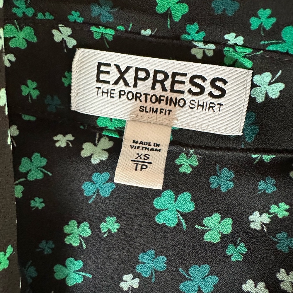 Express Portofino Button Down Blouse - Black with Green Shamrocks - Picture 2 of 5